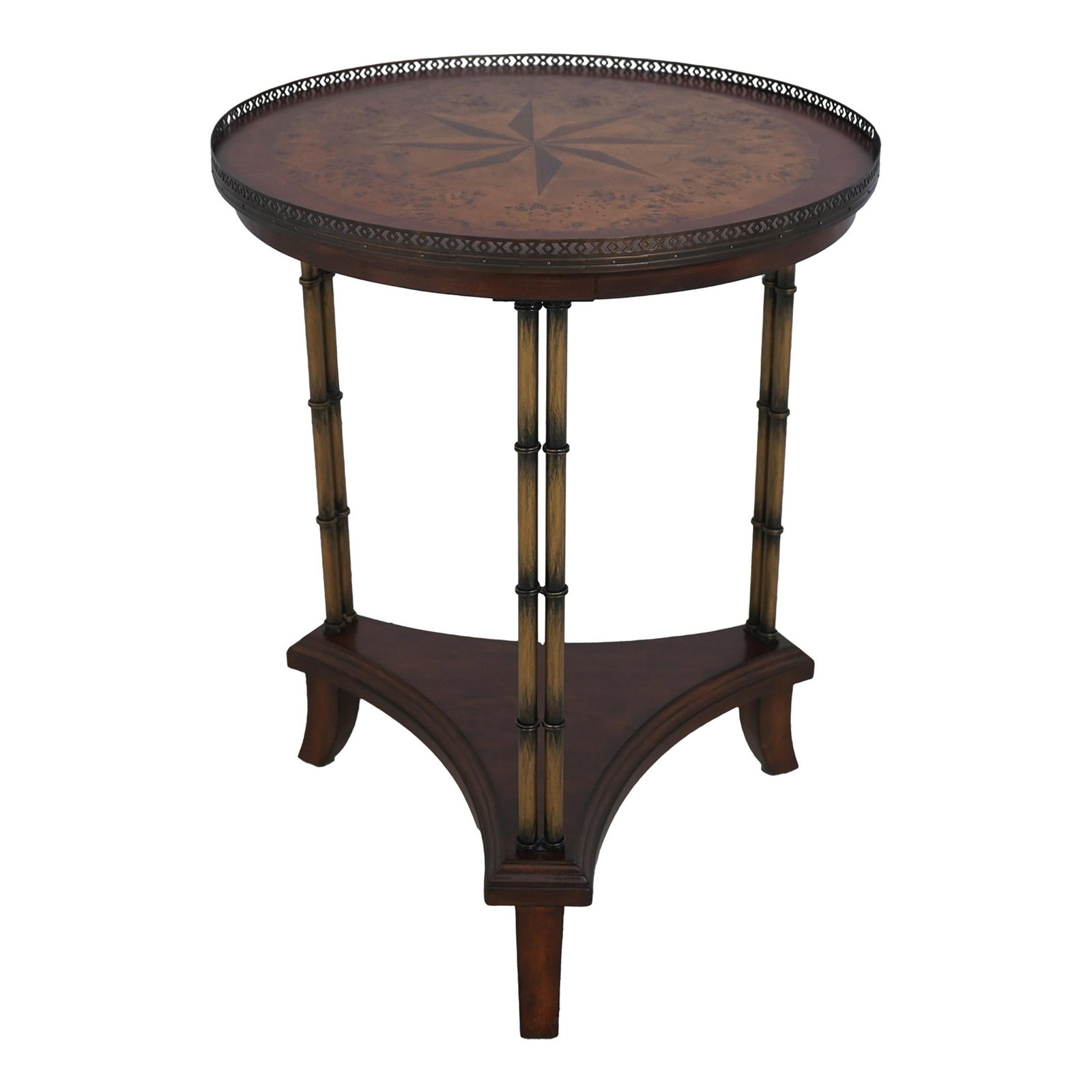 Elegant Round Inlaid Lamp Table with Brass Gallery and Bamboo Legs: Elegant Round Inlaid Lamp Table with Brass Gallery and Bamboo Legs This elegantly designed round lamp table features a stunning inlaid top and a stylish brass gallery. Crafted approximately 20 years
