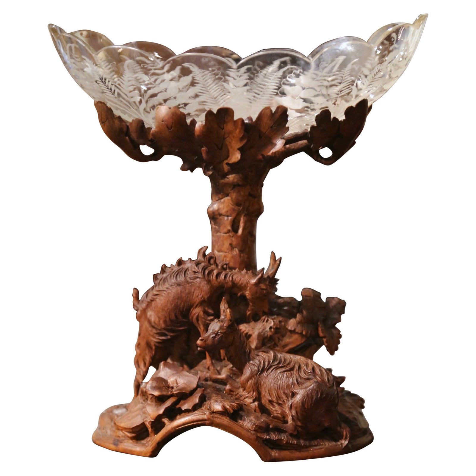 Antique 19th Century Black Forest Walnut Crystal Centerpiece with Goat Motifs: Antique 19th Century Black Forest Walnut Crystal Centerpiece with Goat Motifs This exquisite 19th Century Black Forest centerpiece showcases a stunning combination of hand-carved walnut and cut glass,