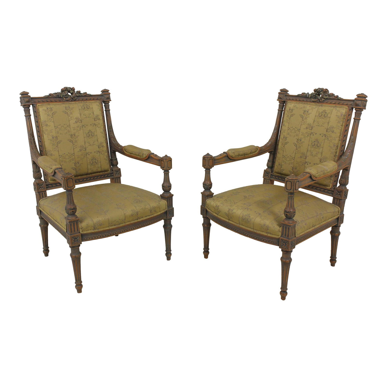 Ornate Pair of French Louis XVI Open Armchairs Silk Blend Upholstery: Ornate Pair of French Louis XVI Open Armchairs Silk Blend Upholstery This exquisite pair of French Louis XVI style open armchairs is a stunning addition to any home. Crafted approximately 30 years ago
