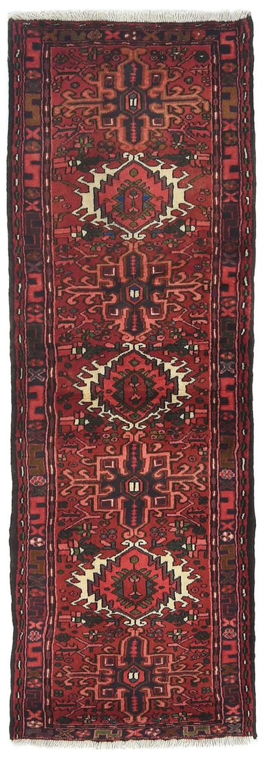 Vintage Hand-Knotted Tribal Geometric Wool Rug 2'4 X 6'2: Vintage Hand-Knotted Tribal Geometric Wool Rug 2'4 X 6'2 This vintage hand-knotted tribal geometric Oriental rug is an exquisite addition to any home decor. Measuring 2'4" x 6'2", it features a vibran