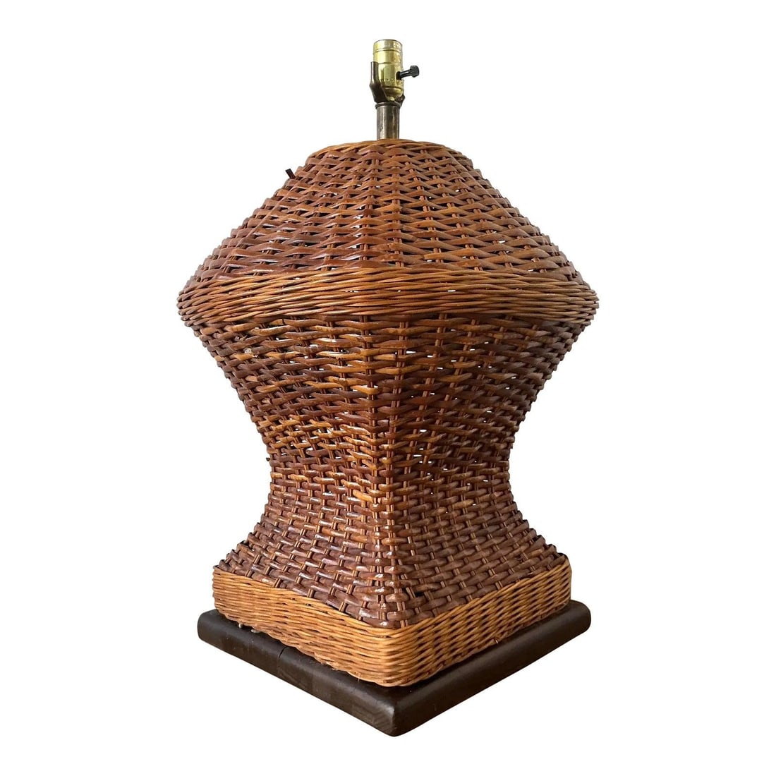 Handwoven Rattan Table Lamp with Bohemian Basketweave Design 25.5 Tall: Handwoven Rattan Table Lamp with Bohemian Basketweave Design 25.5 Tall This vintage monumental table lamp features a bold, architectural silhouette fully wrapped in hand-woven rattan basketweave. The 