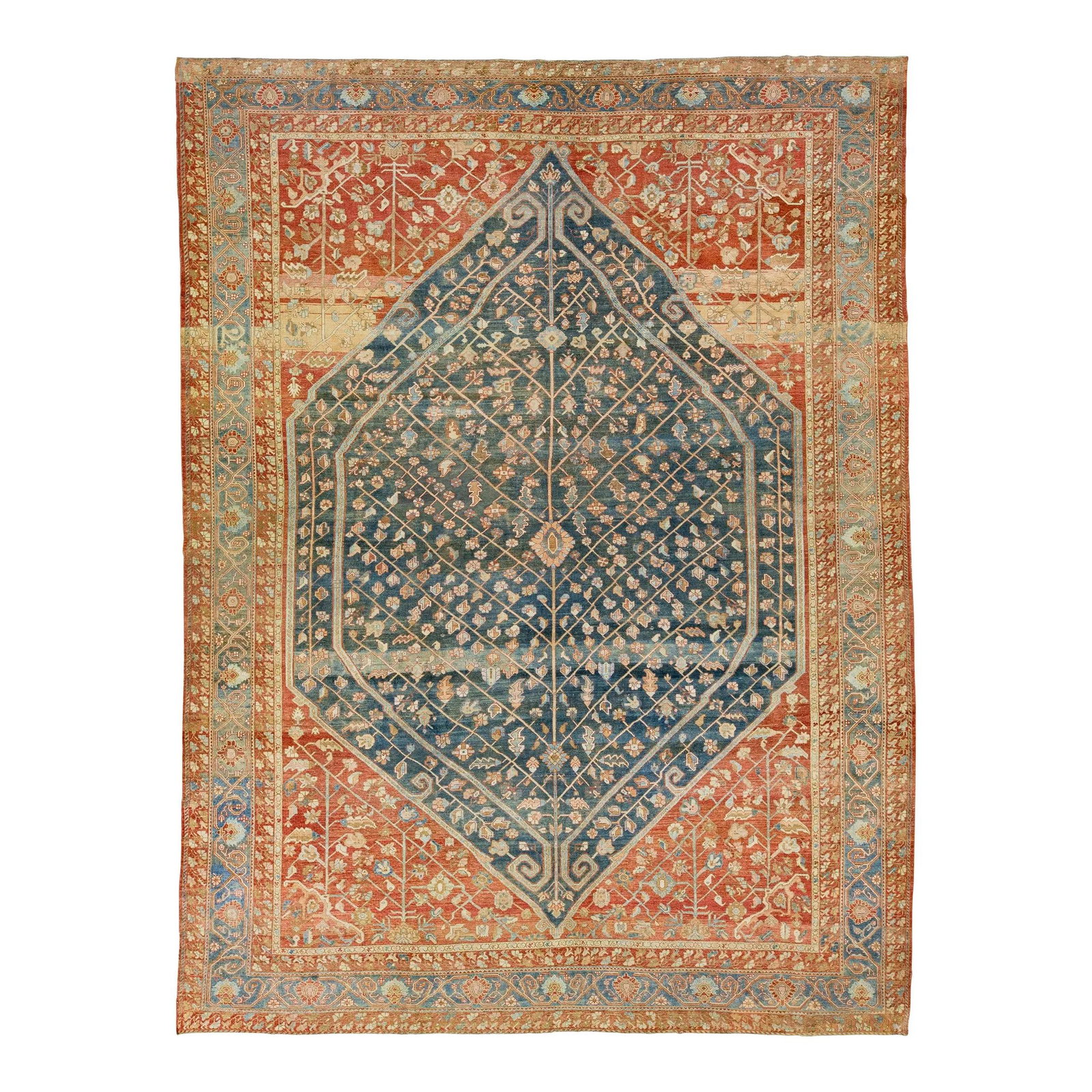 1920s Antique Persian Bakhtiari Wool Rug Blue Red-Rust 14'9 x 19'8: 1920s Antique Persian Bakhtiari Wool Rug Blue Red-Rust 14'9 x 19'8 This exquisite Antique Bakhtiari hand-knotted wool rug features a vibrant blue color field adorned with a classic geometric floral de