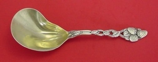 Tiffany & Co Strawberry Vine Gold Washed Sterling Silver Spoon 9.5": Tiffany & Co Strawberry Vine Gold Washed Sterling Silver Spoon 9.5" This exquisite conch spoon features the iconic Strawberry Vine pattern by Tiffany & Co., crafted from high-quality sterling silver w