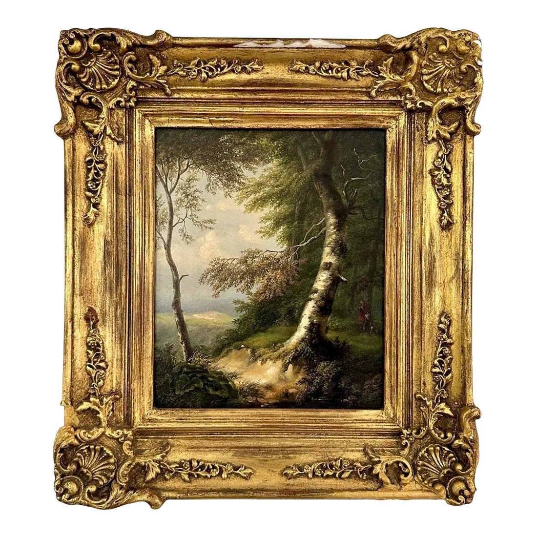 Vintage Oil on Canvas Pastoral Scene with Girl in Red Dress: Vintage Oil on Canvas Pastoral Scene with Girl in Red Dress This vintage oil painting on canvas beautifully captures a serene pastoral scene. A notable feature is a girl dressed in a striking red dres