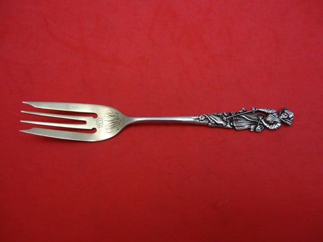 Gorham Nuremberg Sterling Silver Salad Fork 5 7/8 Woman and Parrot 1886: Gorham Nuremberg Sterling Silver Salad Fork 5 7/8 Woman and Parrot 1886 This exquisite salad fork from the Nuremberg pattern by Gorham showcases a stunning design featuring a woman playfully poking at