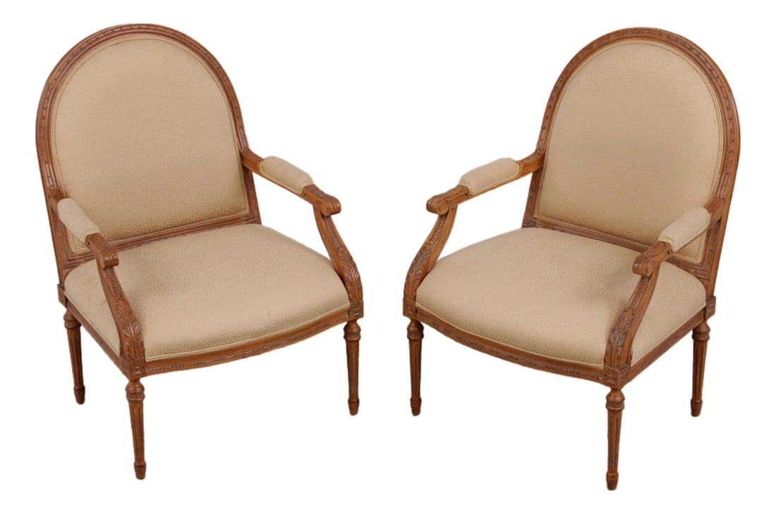 Pair Louis XVI Style Open Armchairs Upholstered Brown (1 of 10)