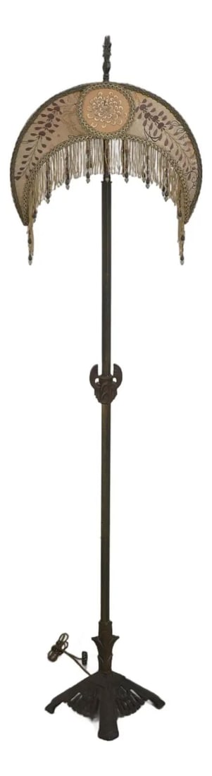 1930s Metal Art Deco Floor Lamp with Beaded Silk Shade (1 of 10)