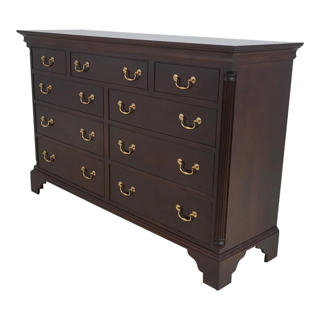 Stickley Cherry Wood Chippendale Large Dresser with Brass Hardware: Stickley Cherry Wood Chippendale Large Dresser with Brass Hardware This Stickley Cherry Chippendale Large Bedroom Dresser is a stunning piece that showcases traditional craftsmanship. Featuring a rich