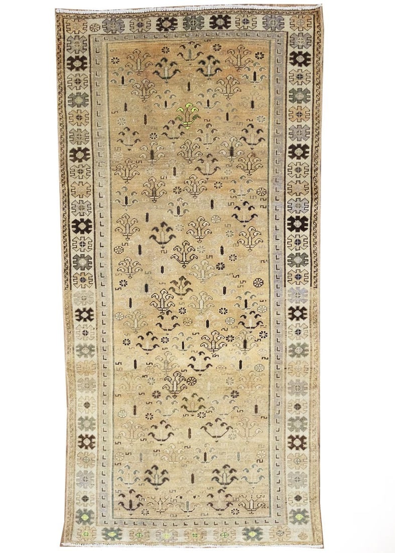 Hand-Knotted Wool Tribal Floral Area Rug 4'8 x 9'8: Hand-Knotted Wool Tribal Floral Area Rug 4'8 x 9'8 This semi-antique handmade rug features a floral tribal design in muted tones of golden beige, cream, dark brown, and tan. Crafted using a hand-knott