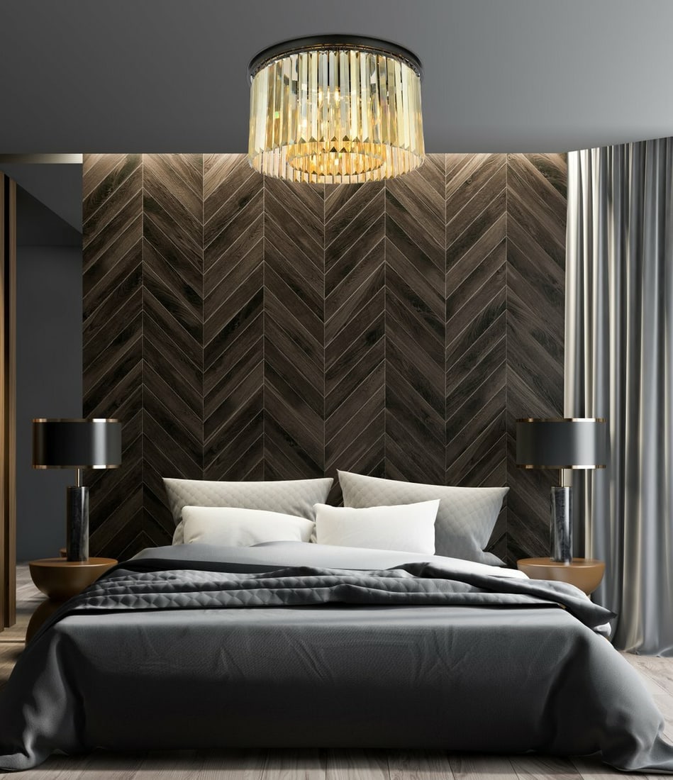 Sydney 8-Light Matte Black Flush Mount Chandelier with Golden Teak Crystal: Sydney 8-Light Matte Black Flush Mount Chandelier with Golden Teak Crystal This contemporary flush mount chandelier features a matte black frame adorned with high-quality golden teak royal cut crystal