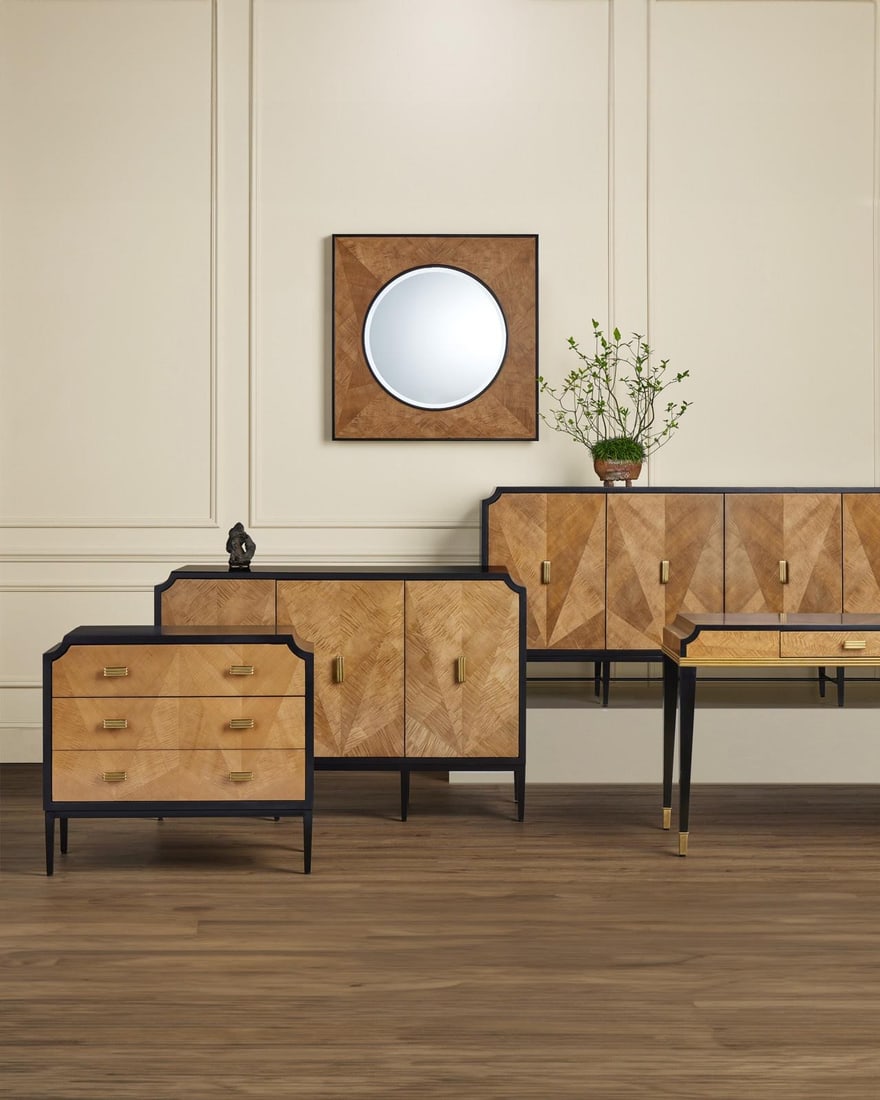 Currey Kallista Credenza Taupe Brass Finish 36.5H 80W 19D: Currey Kallista Credenza Taupe Brass Finish 36.5H 80W 19D Experience a blend of elegance and functionality with the Kallista Credenza. This stunning piece features a sophisticated caviar black finish 