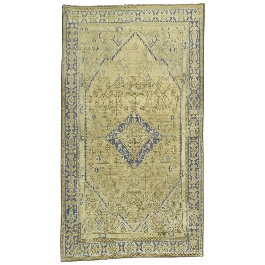 Malayer Turkish Wool Hand Woven Rug in Blue Taupe Tones: Malayer Turkish Wool Hand Woven Rug in Blue Taupe Tones This traditional Malayer rug from Turkey, dating to the 1930s, features a harmonious blend of blue and taupe tones. Hand-woven from wool, it sho