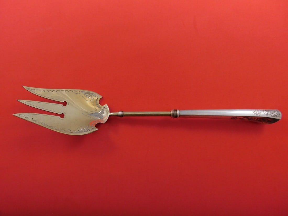 Gorham Angelo Sterling Silver Salad Serving Fork 11 1/8 Bright-Cut Gold Wash (1 of 4)