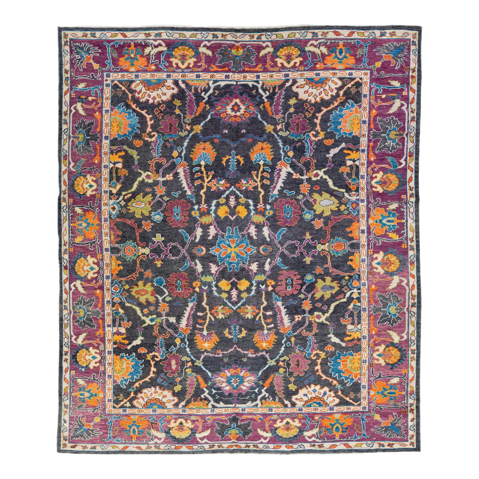 Modern Oushak Floral Wool Rug 10'3 x 12'3 Grey Purple Accents (1 of 10)