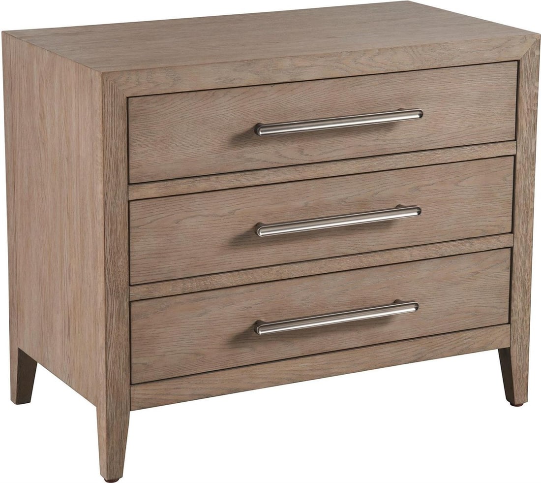 Universal Gray Oak Drawer Nightstand 28H 34W 18D: Universal Gray Oak Drawer Nightstand 28H 34W 18D This sleek gray oak nightstand combines modern design with functional storage. Featuring a single drawer, it is perfect for keeping your essentials