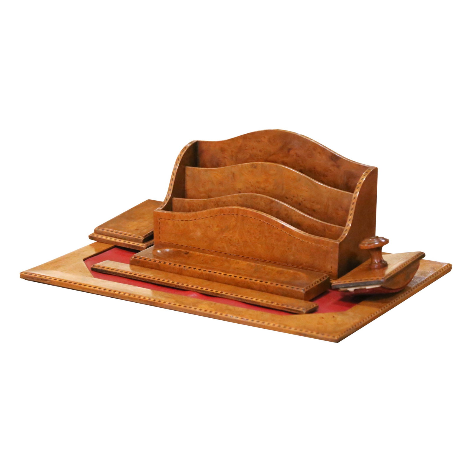 French Burl Wood Desk Garniture 6 Piece with Letter Rack: French Burl Wood Desk Garniture 6 Piece with Letter Rack This mid-century French desk set, crafted circa 1950, features six coordinated pieces made from richly figured burl wood with a luminous patina