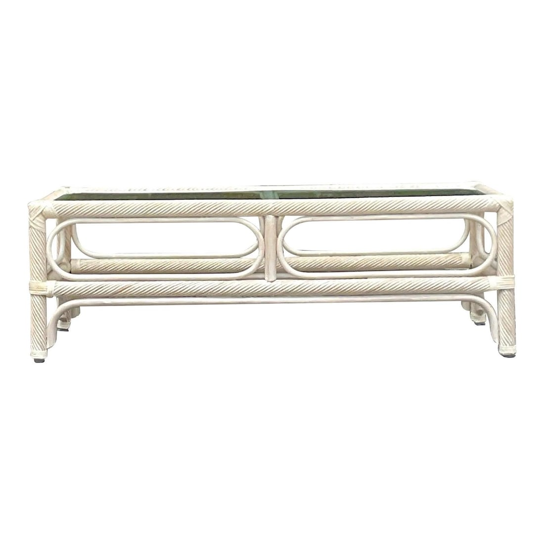 Vintage Coastal Cerused Pencil Reed Coffee Table with Smoked Glass: Vintage Coastal Cerused Pencil Reed Coffee Table with Smoked Glass Discover this stunning vintage coastal coffee table, featuring a chic twisted pencil reed design with a cerused finish and an inset