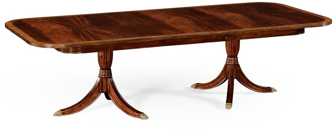 Buckingham Regency Style Extendable Dining Table in Crotch Mahogany Veneer: Buckingham Regency Style Extendable Dining Table in Crotch Mahogany Veneer This versatile Regency-style dining table by Jonathan Charles features a twin pedestal baluster base design and is crafted fr