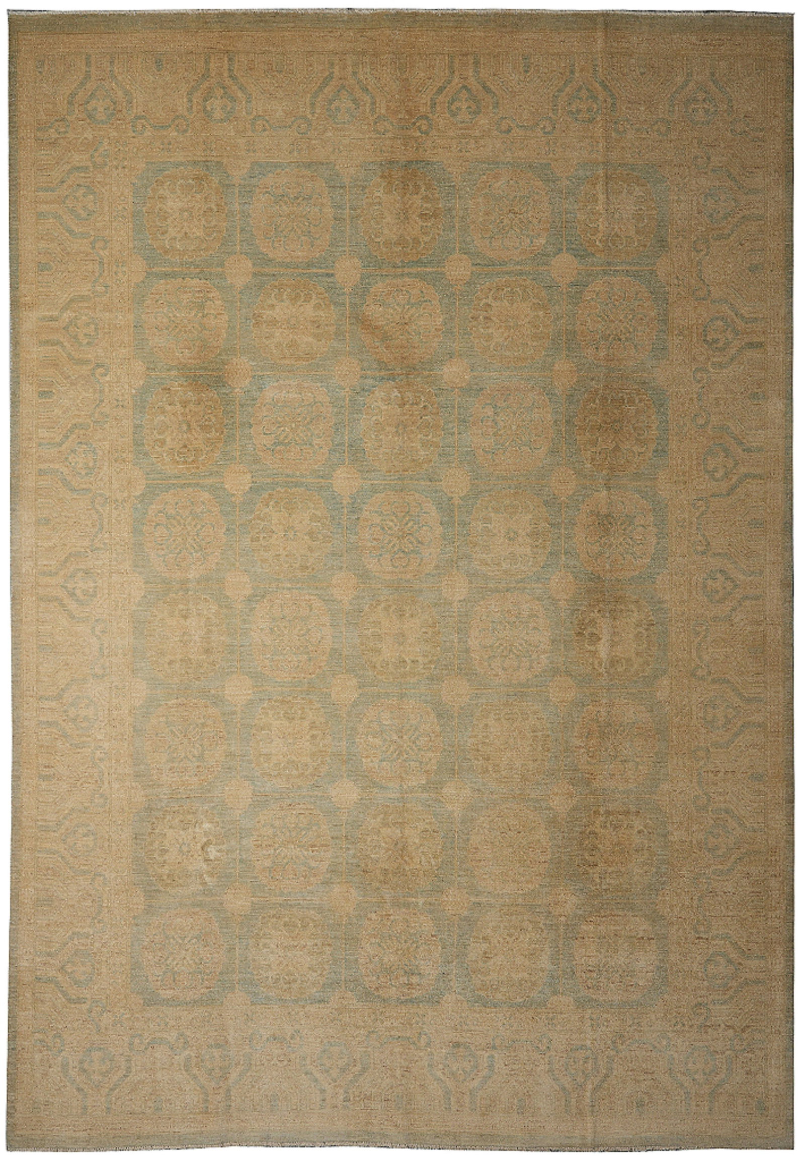 Handmade Zigler Chobi Peshawar Rug 111 x 140 in Faded Green Gold Wool: Handmade Zigler Chobi Peshawar Rug 111 x 140 in Faded Green Gold Wool Free continental US Shipping This handmade Zigler Chobi Peshawar area rug features a classic pattern with intricate floral