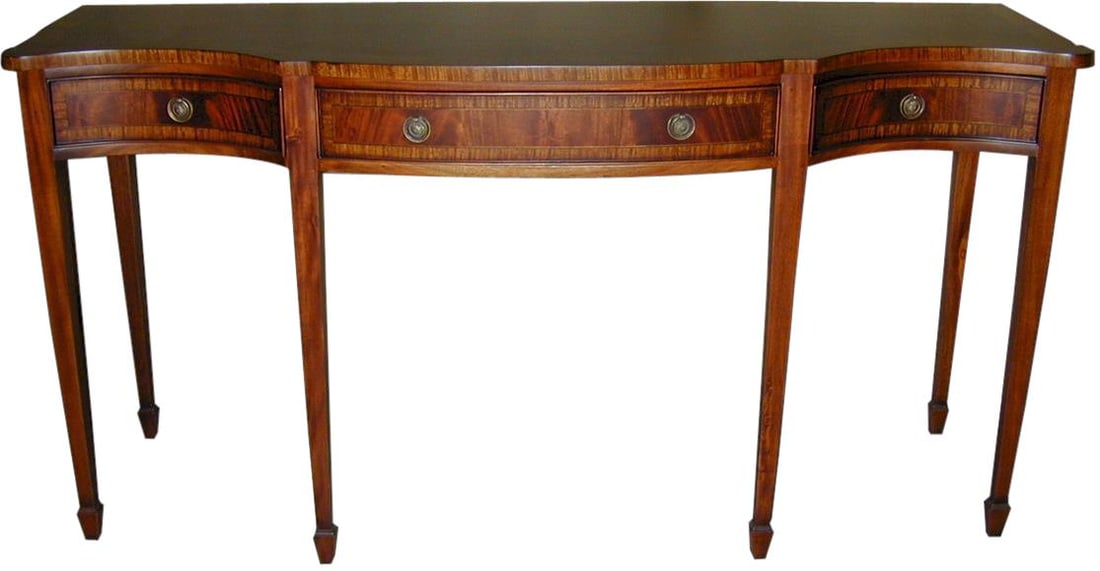 French Style Bowfront Concave Regency Sideboard in Mahogany: French Style Bowfront Concave Regency Sideboard in Mahogany Introducing an elegant sideboard that embodies the charm of antique style with a modern twist. This piece features a traditional mahogany fi