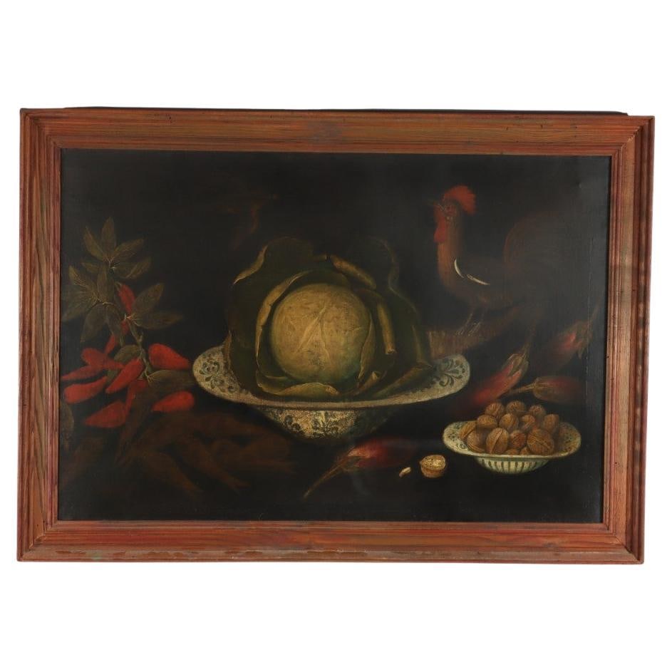 18th Century Antique Dutch Oil Still Life Painting Unsigned: 18th Century Antique Dutch Oil Still Life Painting Unsigned This exquisite 18th-century Dutch still life painting is a captivating display of artistry, showcasing an arrangement of vibrant vegetables,