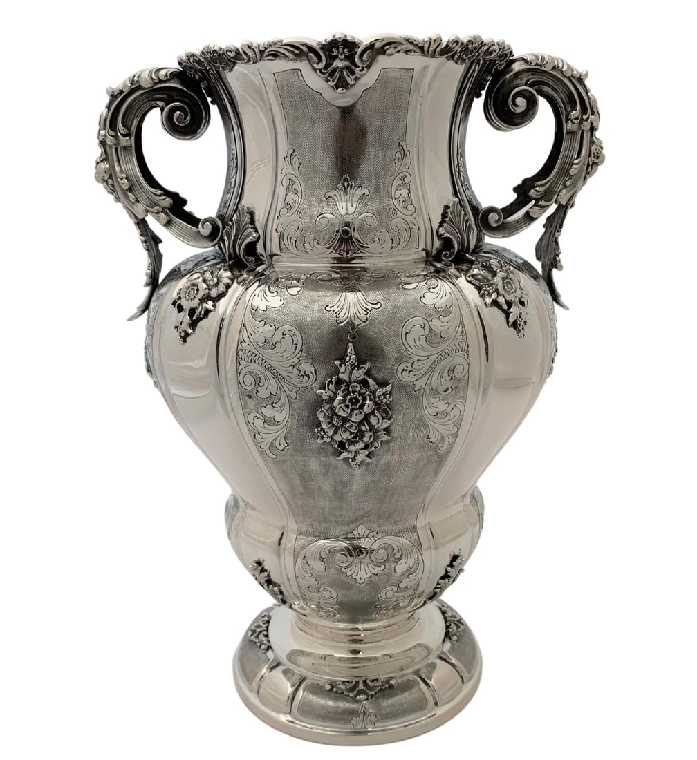 Extra Large Italian 800 Silver Handmade Floral Applique Vase 15": Extra Large Italian 800 Silver Handmade Floral Applique Vase 15" This exquisite extra large Italian flower vase is crafted from 800 silver, showcasing intricate handmade floral ornate applique designs