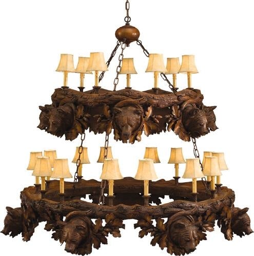 Chocolate Finish Lodge Style Bear Head Chandelier 2-Tier: Chocolate Finish Lodge Style Bear Head Chandelier 2-Tier Illuminate your space with this stunning Chocolate Finish Bear Head Chandelier, a unique bowl chandelier featuring a two-tier design inspired b