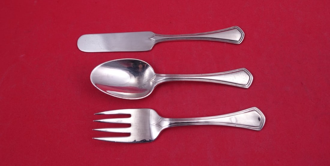 Tiffany & Co Unknown Pattern Sterling Silver 3 Piece Baby Set: Tiffany & Co Unknown Pattern Sterling Silver 3 Piece Baby Set This Tiffany & Co. sterling silver baby set features a three-piece collection in an unknown pattern. The set includes a knife, fork, and s
