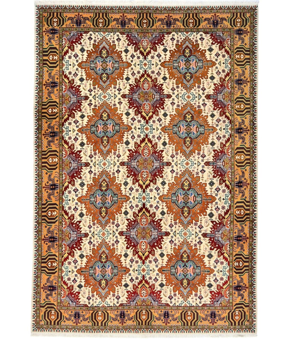 Vintage Floral Wool Area Rug 6'7 x 9'7 Handmade Traditional Cream Carpet: Vintage Floral Wool Area Rug 6'7 x 9'7 Handmade Traditional Cream Carpet This vintage handmade Oriental rug features a traditional floral pattern in cream, orange, tan, red, green, and blue tones. Han