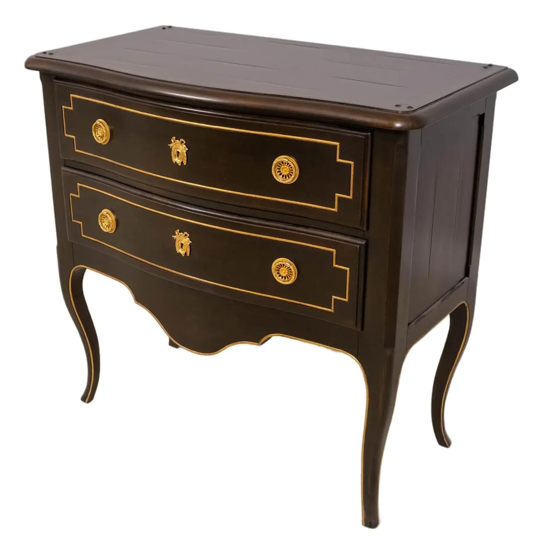 Regency Influence Two Drawer Wood Commode with Inlay and Brass Hardware: Regency Influence Two Drawer Wood Commode with Inlay and Brass Hardware This Regency style two-drawer commode chest features high-quality construction with elegant inlay work throughout. The piece is 