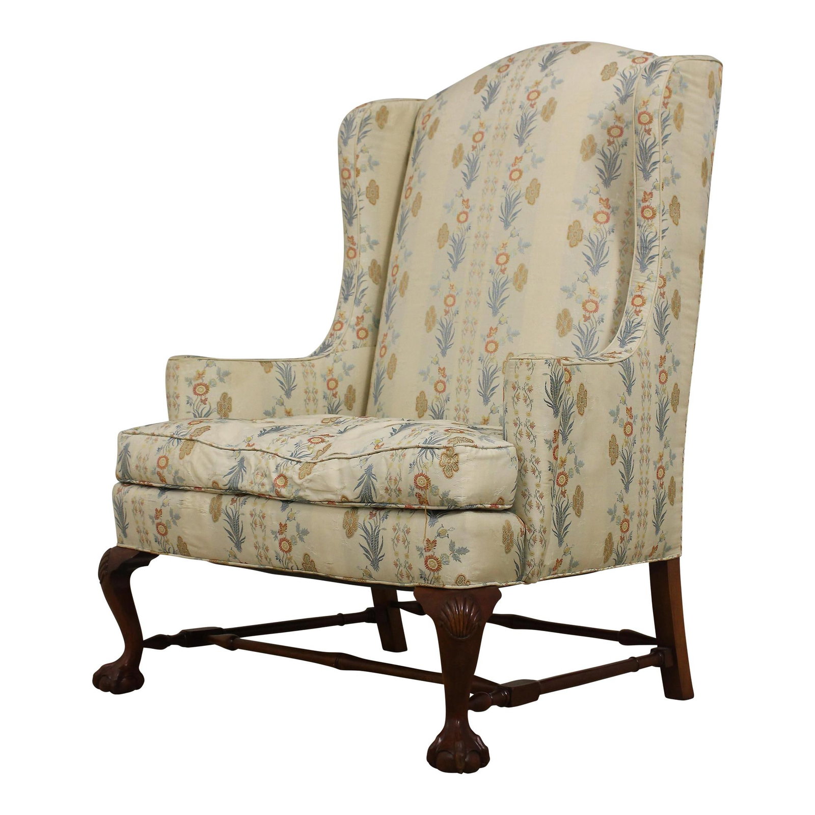 Impressive 30 Year Custom Ball & Claw Wing Chair: Impressive 30 Year Custom Ball & Claw Wing Chair This oversized wide seat custom-made ball and claw wing chair is a stunning addition to any traditional decor. Crafted approximately 30 years ago, it f