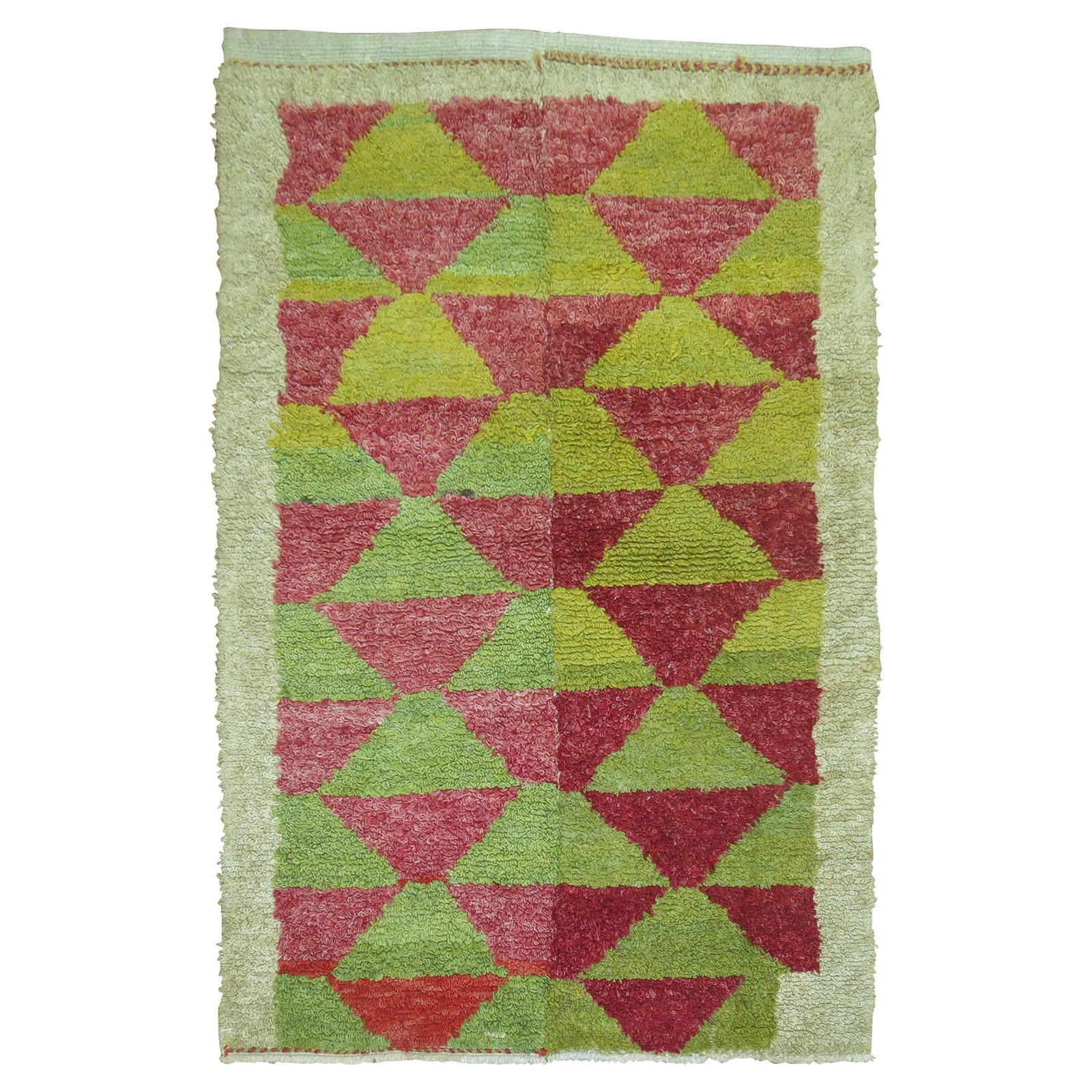 Mid Century Turkish Wool Shag Rug in Lime Green and Red: Mid Century Turkish Wool Shag Rug in Lime Green and Red This vintage Turkish shag rug from the mid-20th century features a striking lime green and red accent geometric pattern. Hand-woven from wool, i