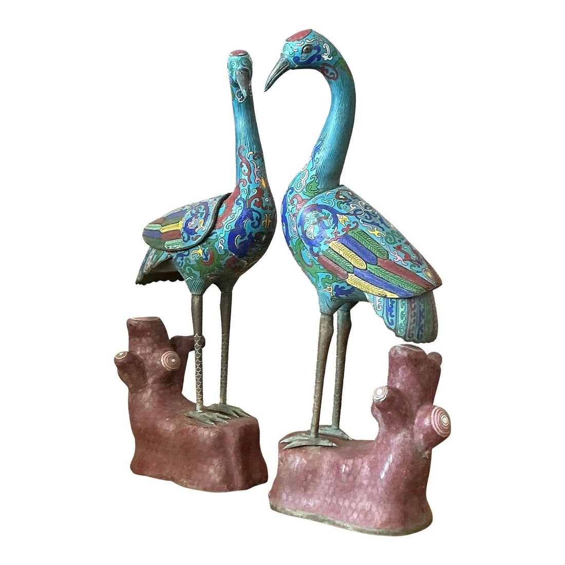 Vintage Cloisonne Cranes Statues Set of 2 Asian Art: Vintage Cloisonne Cranes Statues Set of 2 Asian Art This exquisite pair of vintage Asian cloisonne cranes showcases the ancient art of cloisonne with exceptional craftsmanship. Each crane features int