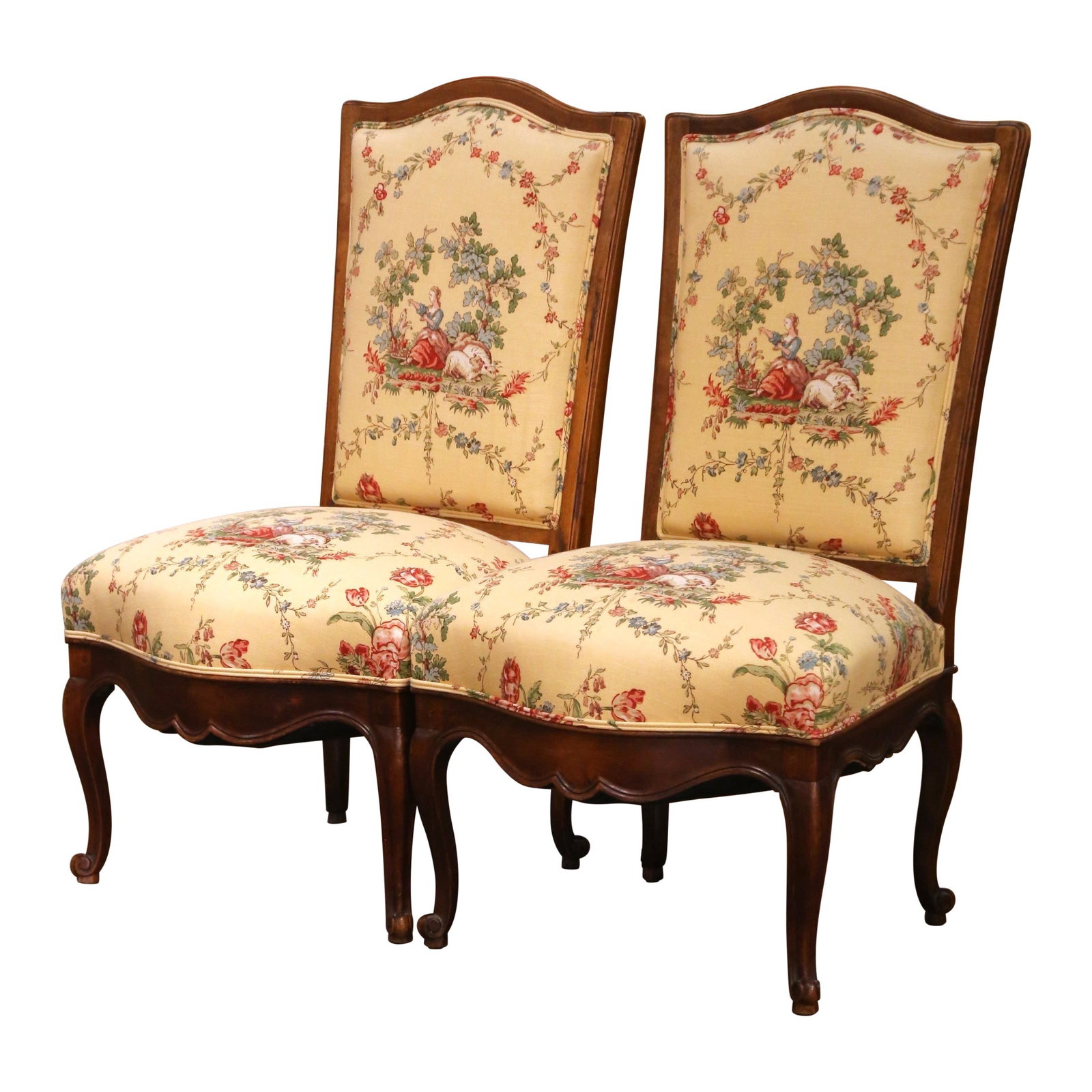Set of 2 French Louis XV Walnut Side Chairs With Provencal Style Upholstery (1 of 9)