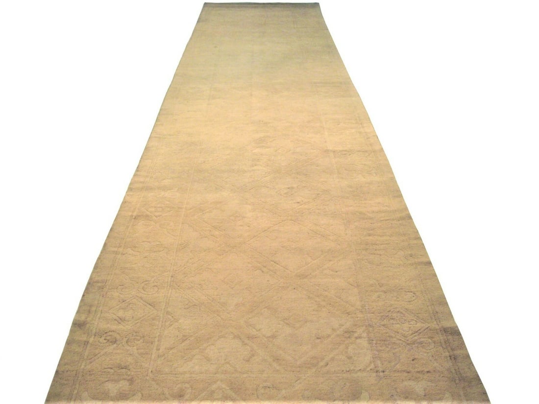 Antique Turkish Oushak Art Deco Beige Runner 5 x 22 ft: Antique Turkish Oushak Art Deco Beige Runner 5 x 22 ft This is an original antique Turkish Oushak runner rug from circa 1890, featuring a hand-knotted geometric Art Nouveau design. Crafted from Angora