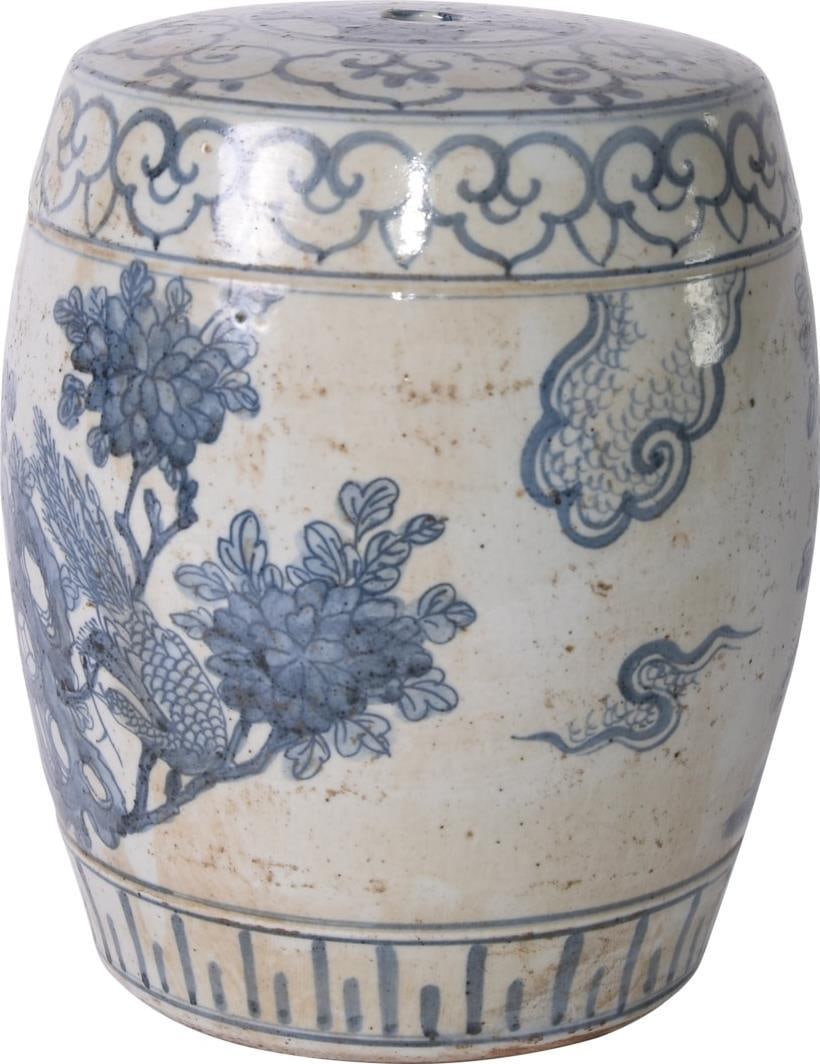 Handmade Chinoiserie Blue White Art Stool with Pheasant Flower Design (1 of 3)