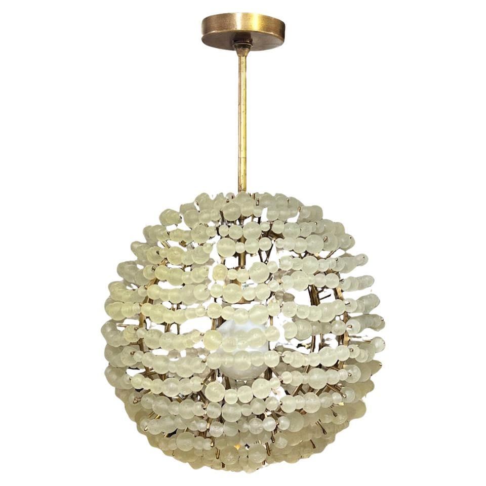 Spherical Brass Chandelier with Over 720 Glass Beads 16 Inch Diameter: Spherical Brass Chandelier with Over 720 Glass Beads 16 Inch Diameter This mid-century modern style chandelier features a spherical design with a brass frame adorned by over 720 glass beads in various