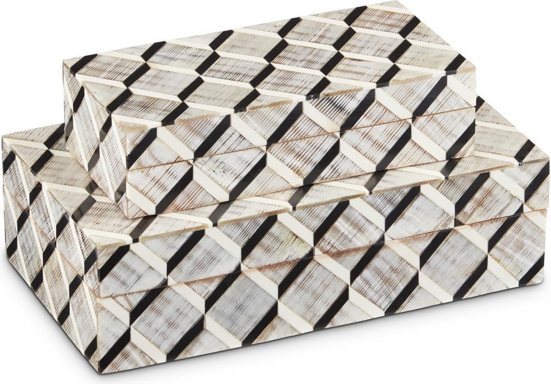 Currey Derian Box Set Green Chiseled Horn Decorative Storage: Currey Derian Box Set Green Chiseled Horn Decorative Storage Enhance your decor with the Stylish Derian Box Set, featuring two beautifully crafted boxes that combine functionality and elegance. The bo