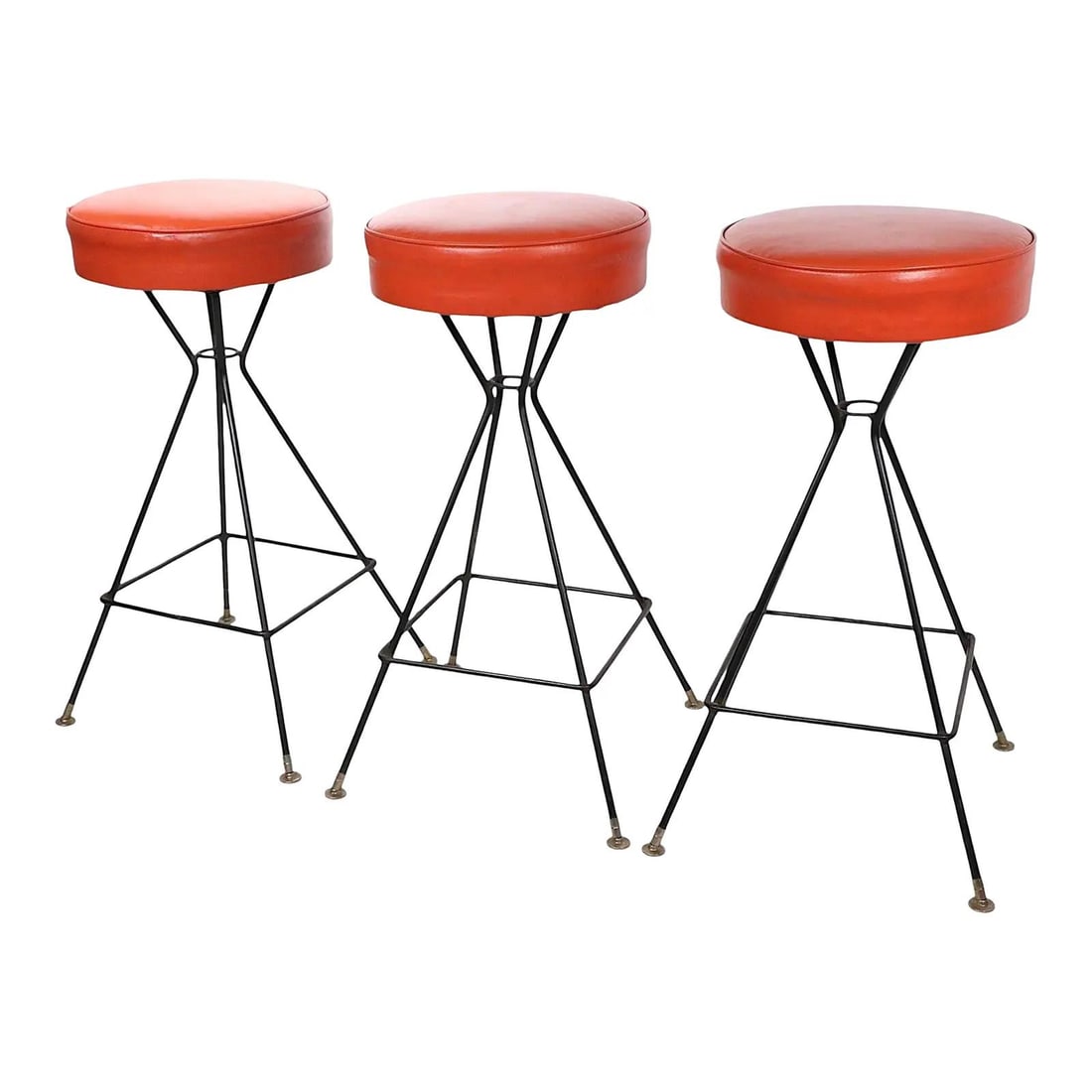 Set of 3 Orange Vinyl Swivel Bar Stools with Wrought Iron Legs: Set of 3 Orange Vinyl Swivel Bar Stools with Wrought Iron Legs This set includes three mid-century bar height swivel stools, each featuring vibrant orange vinyl seats and sturdy splayed wrought iron l