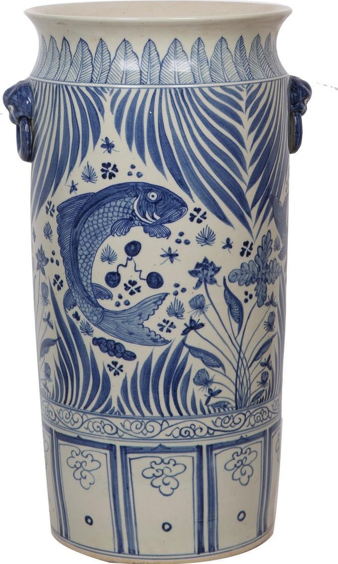 Chinoiserie Blue Ceramic Fish Lotus Umbrella Stand 21H (1 of 3)