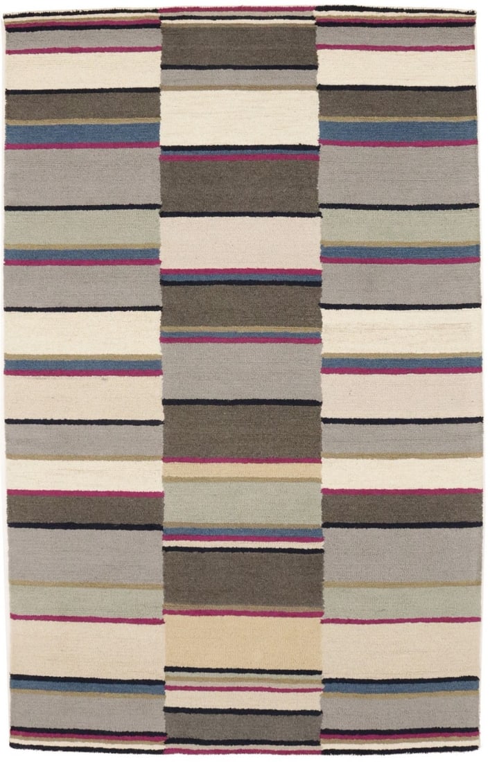 5x8 Wool Area Rug Modern Hand-Tufted Multicolor Striped Design: 5x8 Wool Area Rug Modern Hand-Tufted Multicolor Striped Design This hand-tufted area rug features a modern striped pattern in vibrant multicolored tones, with a primary solar orange hue. Crafted from 