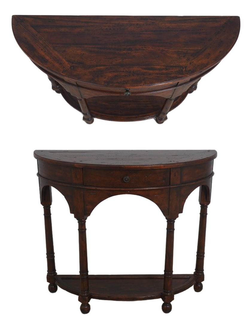 Theodore Alexander demilune wood console table Castle Bromwich 1 drawer (1 of 10)