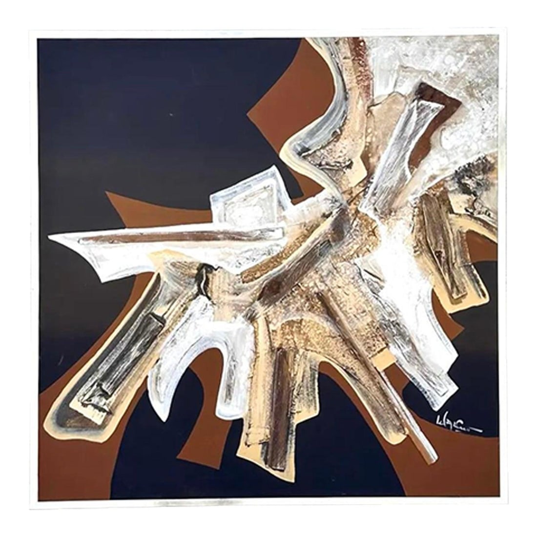 1970s Geometric Abstract Acrylic and Gesso Artwork on Canvas: 1970s Geometric Abstract Acrylic and Gesso Artwork on Canvas This vintage 1970s abstract mixed media painting on canvas features a dynamic arrangement of geometric shapes, bold lines, and textured lay