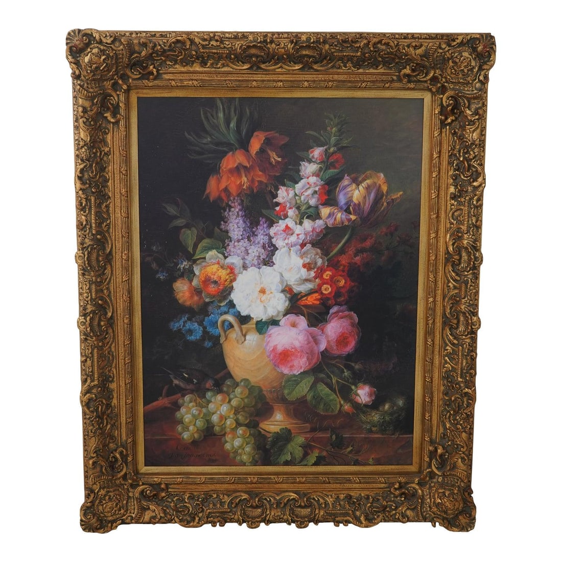 Stunning Large Framed Floral Still Life Painting 81 x 63 Gold Gilt: Stunning Large Framed Floral Still Life Painting 81 x 63 Gold Gilt This large framed painted floral still life on canvas is a stunning piece that adds vibrancy to any space. Crafted approximately 40 y