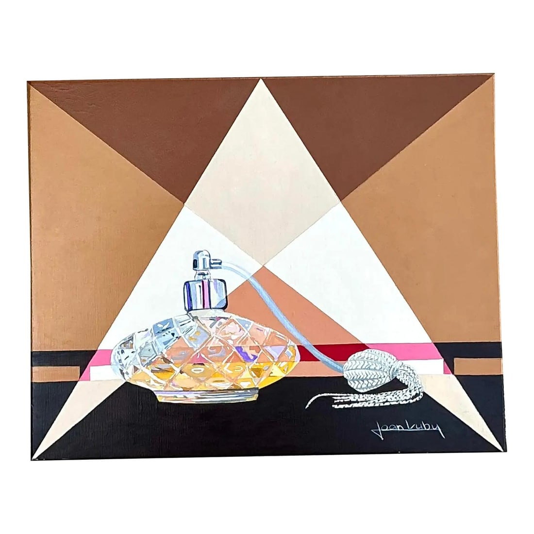 Joan Luby Oil Still Life on Canvas with Perfume Bottle: Joan Luby Oil Still Life on Canvas with Perfume Bottle This original oil painting by Joan Luby showcases a cut-glass perfume bottle with a decorative tassel atomizer, set against a geometric