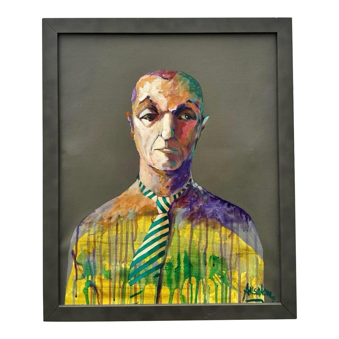 Original Signed Boho Abstract Oil Painting Depicting Man on Canvas: Original Signed Boho Abstract Oil Painting Depicting Man on Canvas This vintage boho abstract oil painting on canvas features vibrant green tones accented by bold red and blue linear elements. The