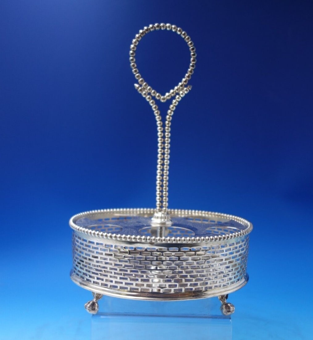 Deane & Co London Bridge Beaded Silverplate Cruet Set Holder with Claw Feet: Deane & Co London Bridge Beaded Silverplate Cruet Set Holder with Claw Feet This exquisite cruet set holder by Deane & Co. features a stunning beaded design and is crafted from high-quality English si