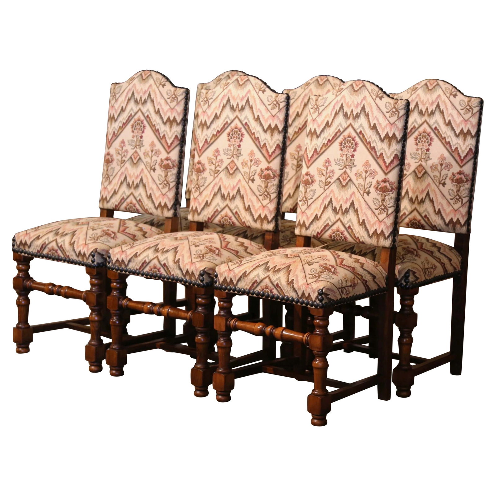 Louis XIII Walnut Side Chairs Set of 6 Tapestry Upholstery: Louis XIII Walnut Side Chairs Set of 6 Tapestry Upholstery This set of six mid-century French Louis XIII dining chairs is crafted from solid walnut and features hand-carved details with a patinated fi