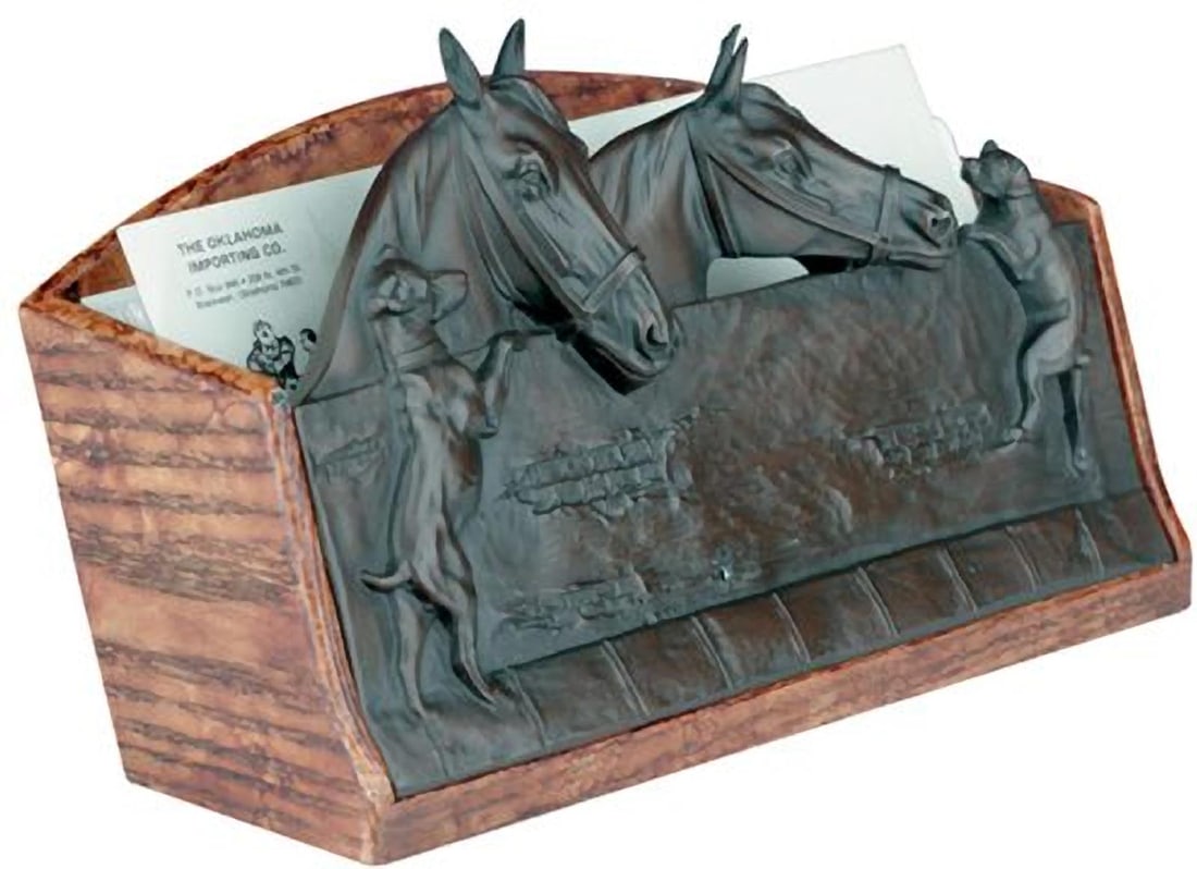 Lodge Style Equestrian Horse & Dog Letter Organizer in Resin: Lodge Style Equestrian Horse & Dog Letter Organizer in Resin Introducing a charming Lodge Style Horse & Dog Letter Organizer, perfect for adding a touch of rustic elegance to your office space. This