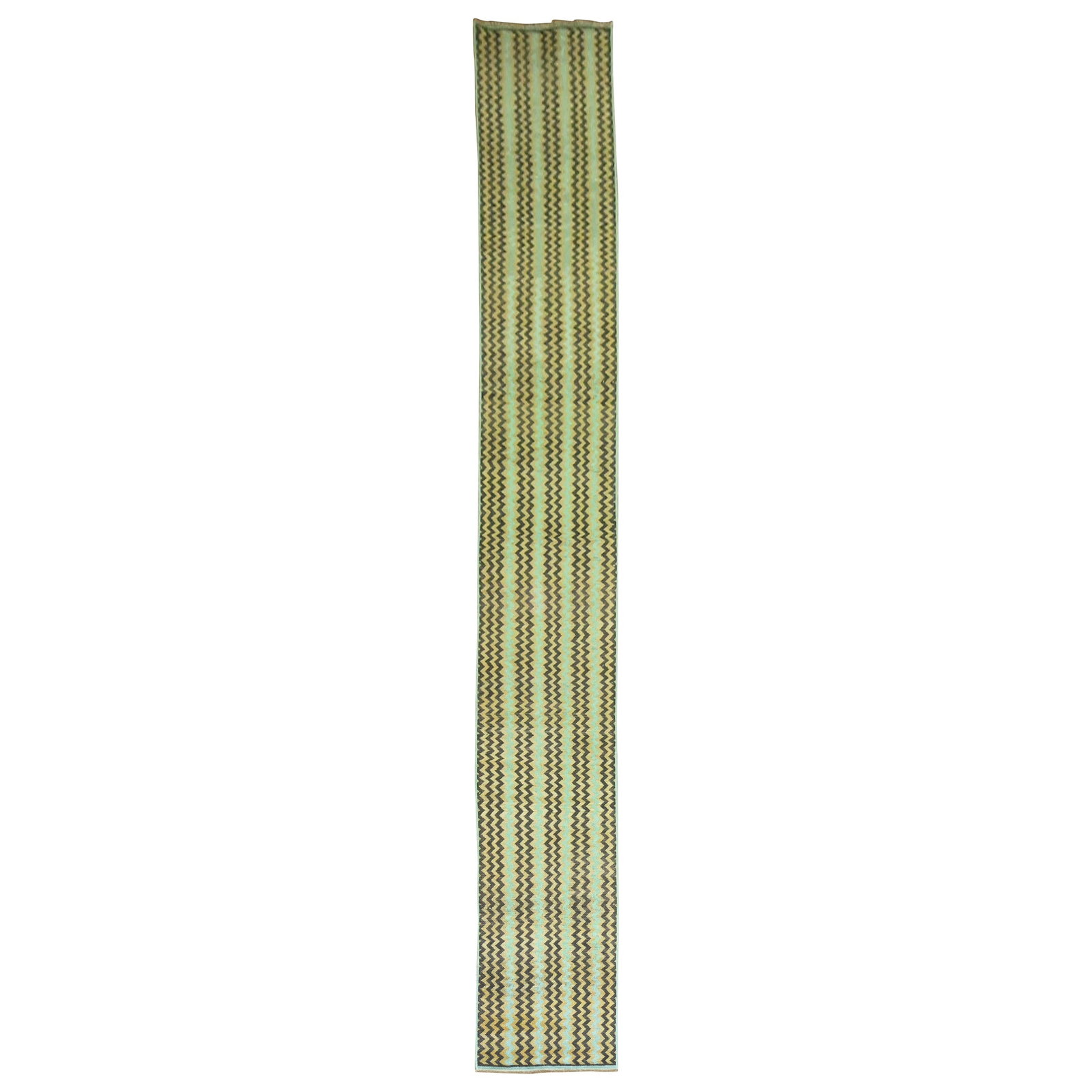 Long Wool Turkish Runner with Green Deco Checkerboard Pattern Mid-Century Modern (1 of 8)